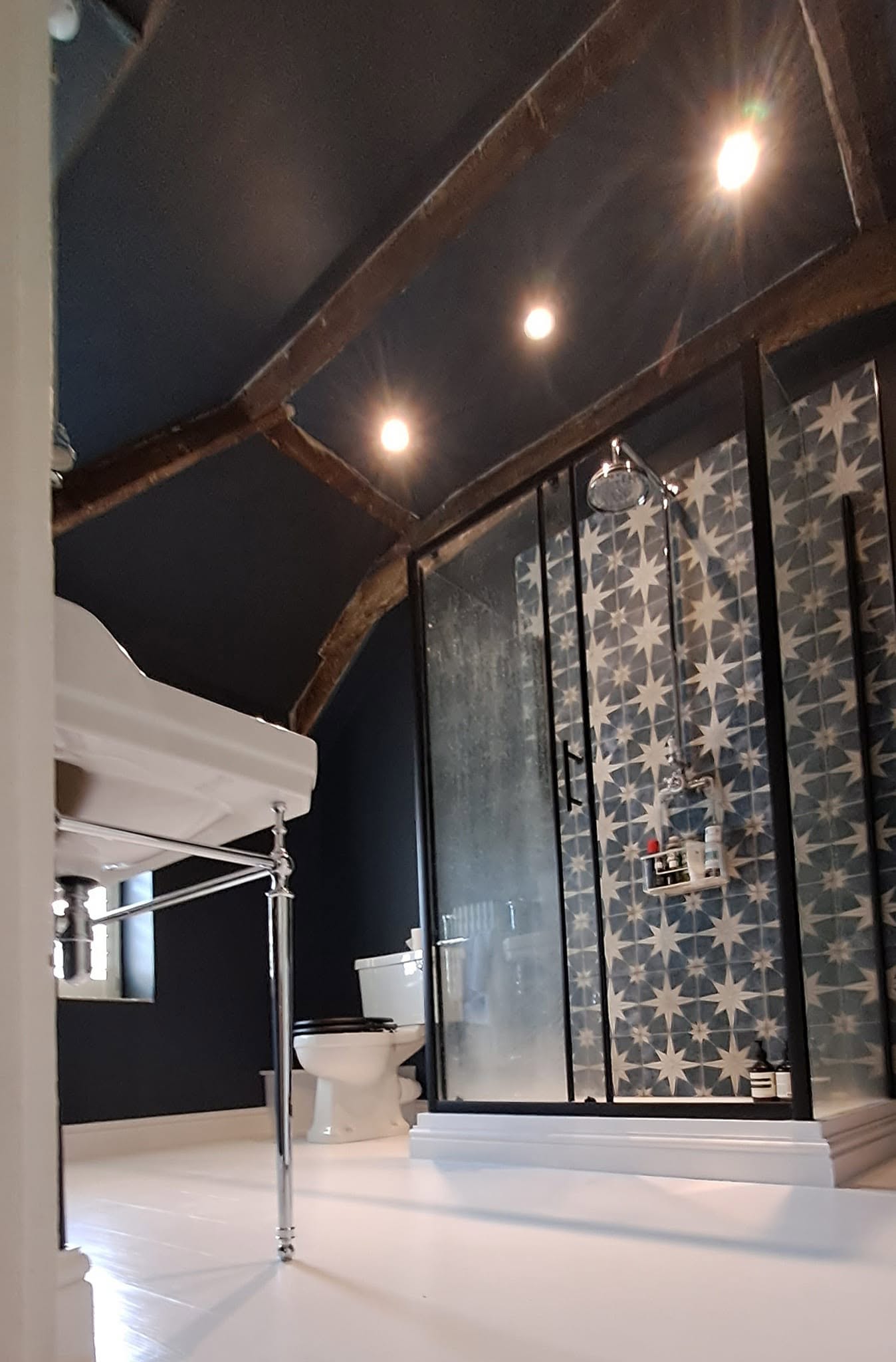 Finished bathroom with navy walls, a beamed navy ceiling, white painted floor and a star-tiled shower