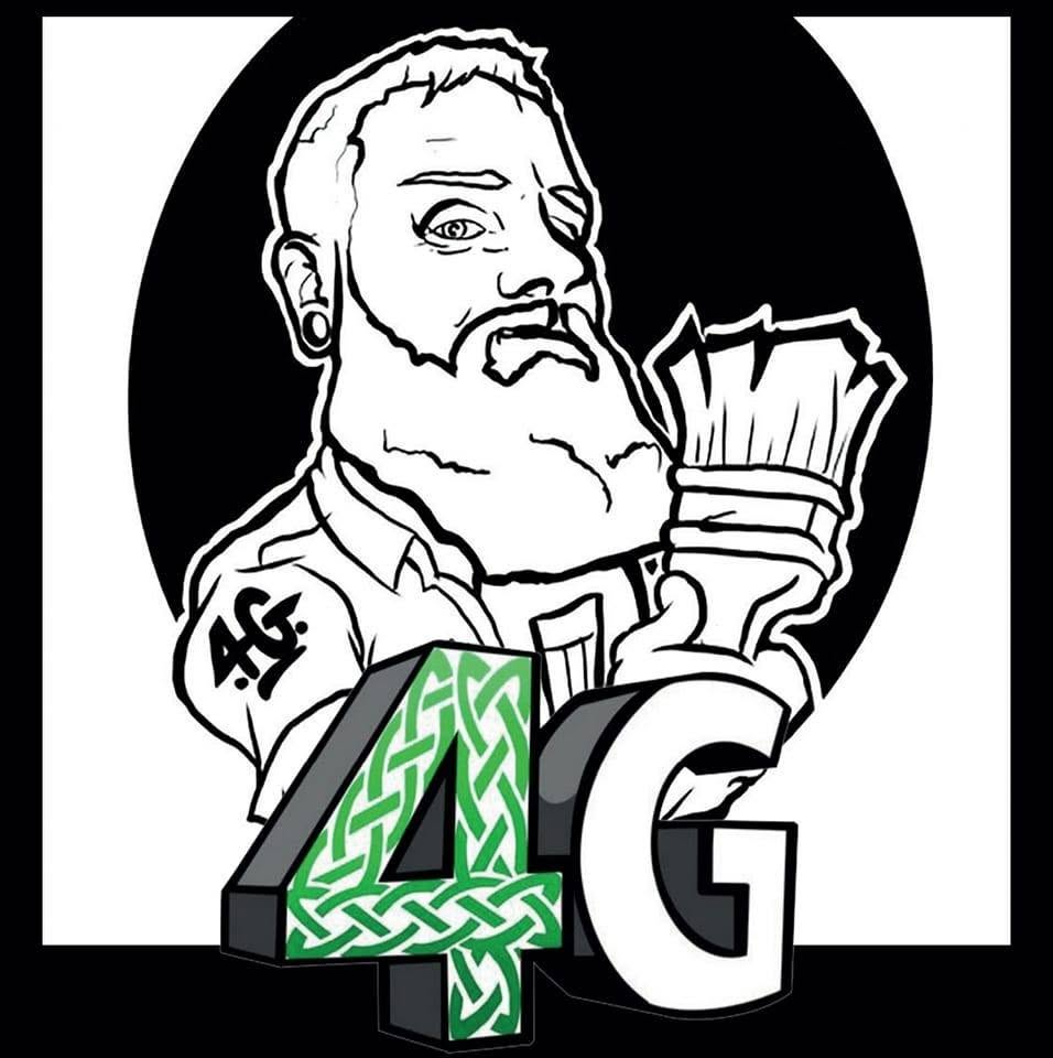 The 4G logo: a bearded painter holding a brush above a large 4G, the 4 filled with a green Celtic knot